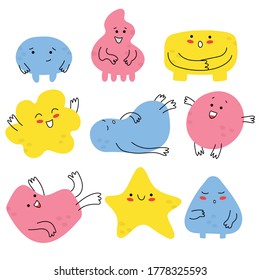 Hand-drawn multicolored doodles-monsters.Cute funny emotions. Vector set out of 9 of fun abstract monsters.Fashion illustrations for children.All elements are isolated.Funny weirdos.Smiling faces