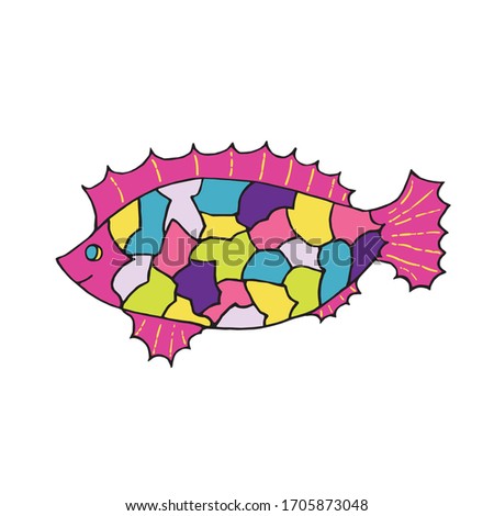 Hand-drawn multi-colored vector fish. Sea bright doodle illustration. Ornamental fish with patterns. Decorative element for design