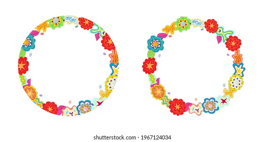 Hand-drawn multicolour doodle circular outlines, frames made of flower, star, cloud shapes. Copy space child drawing. Editable tangle template, boho ethnic design element, clipart for prints