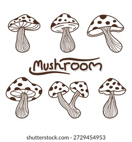 Coleção de cogumelos desenhada à mão, ilustração vetorial isolada em um fundo branco. Ilustração vetorial de uma coleção de cogumelos desenhada com contornos, para adesivos, ícones, desenhos de capa, banners, menus, postagens.
