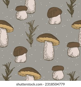 Hand-drawn mushroom, line drawing, engraving. Sprig of needles, rosemary. Elegant colors and texture. Vector illustration, seamless pattern design. Forest and plants. Ingredients for autumn dishes.