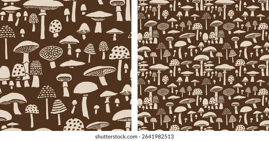 Hand-Drawn Mushroom Pattern Cute Brown Fungi Vector Background