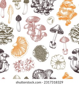 Hand-drawn mushroom seamless pattern. Edible fungus background. Fungal protein, mycoprotein source, plant-based food, vegetarian product. Vintage texture design. Vector illustration for packaging