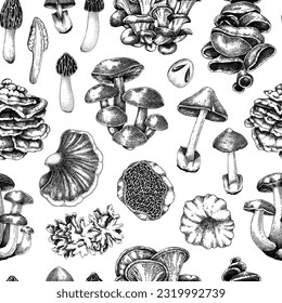 Hand-drawn mushroom seamless pattern. Edible fungus background. Fungal protein foods,  plant-based food, vegetarian product. Vintage texture design. Vector illustration for packaging, print, menu