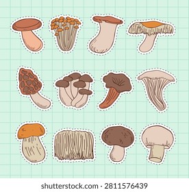 Hand-Drawn Mushroom Sticker Sheet Collection. variety of cute fungi species