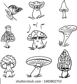 hand-drawn mushrooms in a comic style with eyes, funny emoticons, emotions
