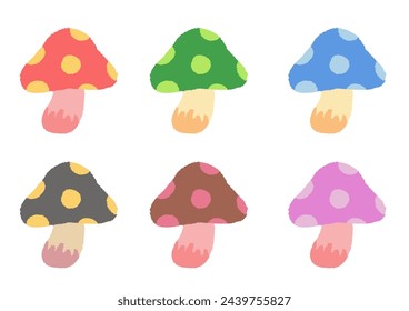 Hand-drawn mushrooms with green and yellowish-green polka dots.