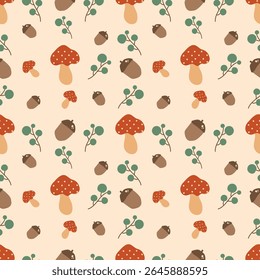 Cogumelos desenhados à mão, deixar e bolota em um fundo marrom claro. Padrão contínuo de outono para roupas, tecido, papel de parede, pano de fundo, decoração de casa, livro de capa e arte de parede. 