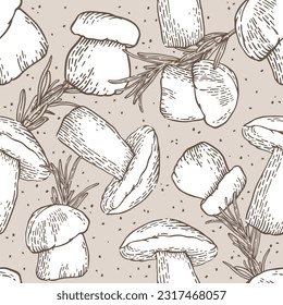 Hand-drawn mushrooms in a naturalistic style, engraving, graphic artwork. Textured drawing, linear illustration. Background with dots and branches of needles. Forest and wild plants, autumn mood.