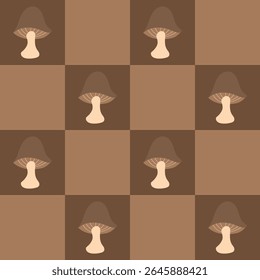 Cogumelos desenhados à mão sobre um fundo de mesa marrom. Padrão contínuo de outono para roupas, tecido, papel de parede, pano de fundo, decoração de casa, livro de capa e arte de parede. 