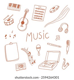 Hand-Drawn Music Class Doodles: Instruments, Notes, and Audio Icons Vector Set, notes sheet, guitar, drum, keyboard, decoration