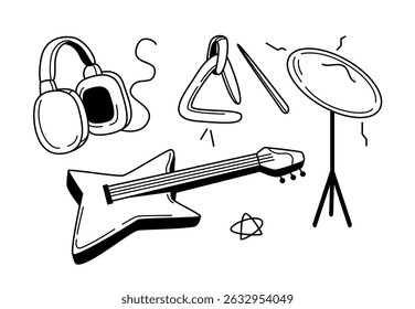 Hand-drawn music equipment including headphones, electric guitar, triangle, drumstick, and cymbal on white background. Concept of sound and musical creativity. Vector illustration