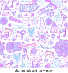 Hand-drawn music instruments and ornamental floral elements in 60s style. Vector seamless pattern design.