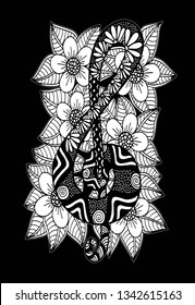 Hand-drawn music key with ethnic ornaments and flowers, doodle pattern