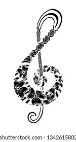 Hand-drawn music key with ethnic ornaments and flowers, doodle pattern