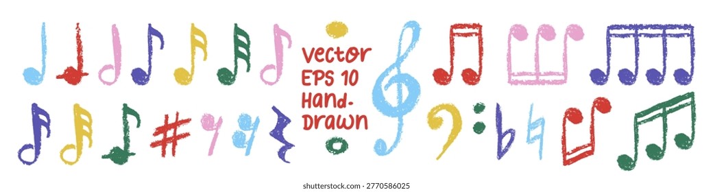 Hand-drawn music notes collection, vector illustration isolated on transparent background. Rainbow colored doodle clef, quaver and flat, natural and crotchet with wax crayons texture for kids design