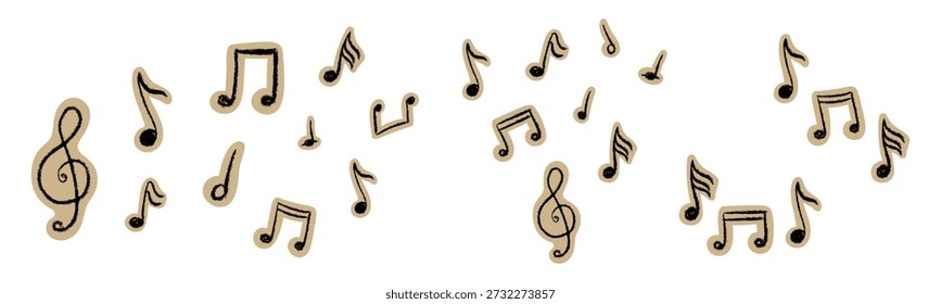 Hand-drawn music notes melody set in grunge scrapbook style. Scattered vector musical symbols with crayon texture and cutout paper effect. Creative doodle composition for zine, education, and craft.