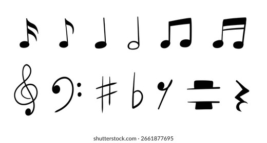 Conjunto de Vectores de notas y símbolos de música dibujados a mano