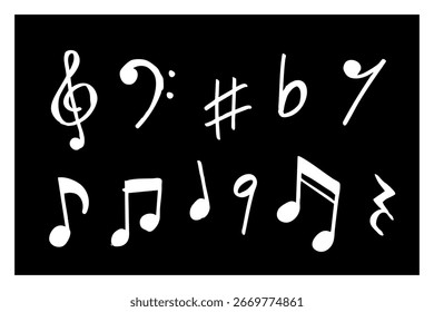Hand-drawn music notes, treble clef, bass clef, and symbols illustration set, simple vector design for sheet music and creative background
