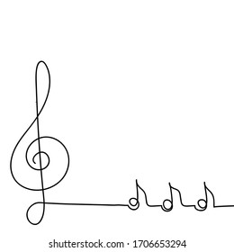 Hand-drawn musical concept. Poster of a musical concert or festival. Continuous drawing of a single line, a vector design template in a linear style. Abstract hand. Treble clef and notes