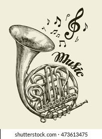 Hand-drawn musical french horn. Sketch vintage trumpet. Vector illustration