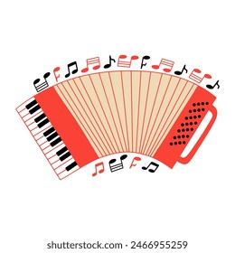 Hand-drawn musical instrument accordion with notes. Song and festival concept. Vector illustration