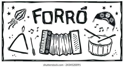 Hand-drawn Forró musical instruments in Brazilian cordel style.