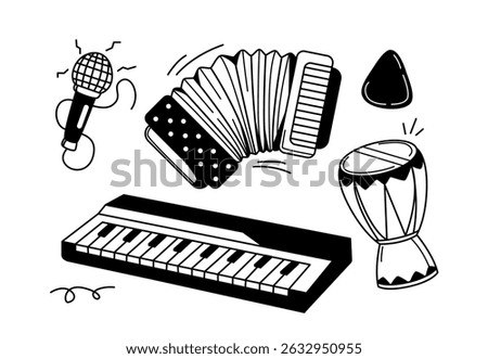Hand-drawn musical instruments including accordion, keyboard, microphone, drum, and pick in cartoon sketch style on white background. Concept of music and creativity. Vector illustration