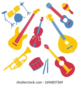 Hand-drawn musical instruments set. Doodle elements guitar, electric guitar, ukulele, trumpet, maracas, domra, violin. Vector