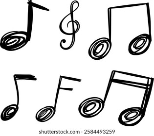 Hand-drawn musical notes and symbols in black