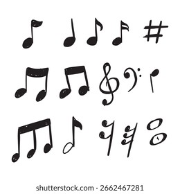 Notas musicais desenhadas à mão e símbolos rabiscam a arte em um fundo branco limpo.