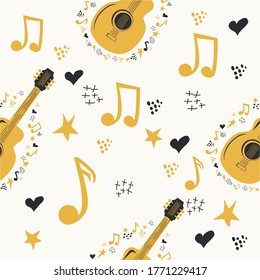 Hand-drawn musical seamless pattern with country guitar, stars, notes, symbols, objects and elements