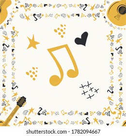 Hand-drawn musical seamless pattern with country guitar, stars, notes, symbols, objects and elements