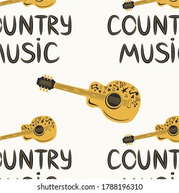 hand-drawn musical seamless pattern with the inscription country music and country guitar, stars, notes, symbols, objects and elements