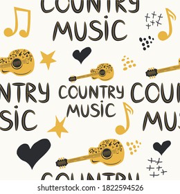 hand-drawn musical seamless pattern with the inscription, country music and country guitar, stars, notes, symbols, objects and elements