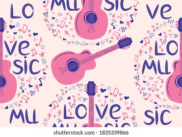 hand-drawn musical seamless pattern with the inscription Love music and country guitar, stars, notes, symbols, objects and elements