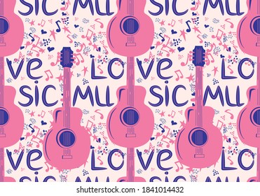 hand-drawn musical seamless pattern with the inscription Love music and country guitar, stars, notes, symbols, objects and elements