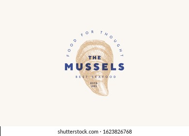 Hand-drawn mussel shell vector illustration. Logo template for a menu of a fish restaurant, market or seafood store. Emblem of delicacy in the engraving style on a light background.