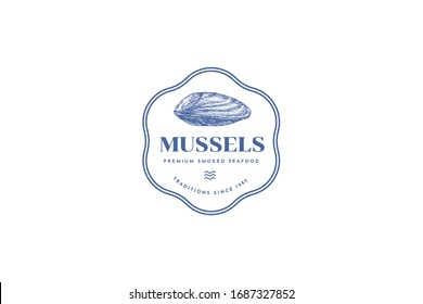 Hand-drawn mussel shell vector illustration. Logo template for a menu of a fish restaurant, market or seafood store. Emblem of delicacy in the engraving style on a light background.