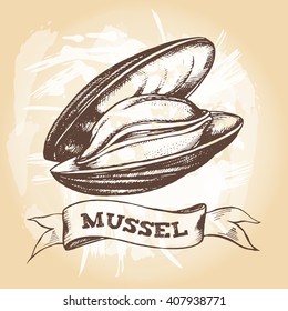 Hand-drawn mussel. Vector Illustration. Template for design seafood shop or restaurant.