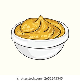 Mostarda desenhada à mão em uma pequena ilustração de tigela, perfeita para embalagem de alimentos, designs de receitas, ícones de condimento e visuais culinários. Ideal para vintage, rústico, ou temas de produtos artesanais.