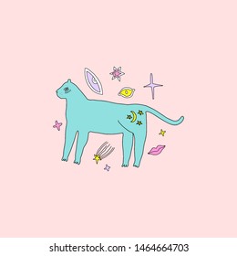Handdrawn mystical witch cat in Space. Cartoon doodle stupid style. Halloween, pagan, witchcraft and fairy tale theme. Vector illustration
