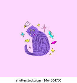 Handdrawn mystical witch cat in Space. Cartoon doodle stupid style. Halloween, pagan, witchcraft and fairy tale theme. Vector illustration