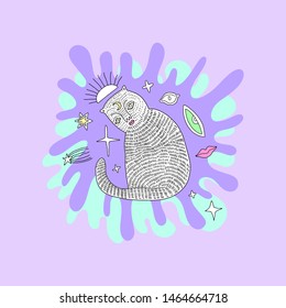 Handdrawn mystical witch cat in Space. Cartoon doodle stupid style. Halloween, pagan, witchcraft and fairy tale theme. Vector illustration