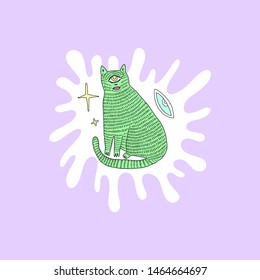 Handdrawn mystical witch Cyclops cat in Space. Cartoon doodle stupid style. Halloween, pagan, witchcraft and fairy tale theme. Vector illustration