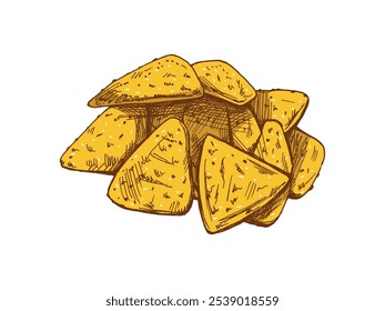 Boceto de nachos dibujado a mano. Dibujo de nachos en Antiguas. Ilustración de boceto de alimentos de contorno de tinta negra de Vector. Comida mexicana, cocina. Una ilustración para el menú. Latina América.