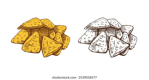 Boceto de nachos dibujado a mano. Dibujo de nachos en Antiguas. Ilustración de boceto de alimentos de contorno de tinta negra de Vector. Comida mexicana, cocina. Una ilustración para el menú. Latina América.