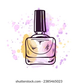 Hand-drawn nail polish, beauty cosmetic element, self care. Illustration on a watercolor pastel background with splashes of paint. Useful  for beauty salon, cosmetic store, makeup design. Doodle.