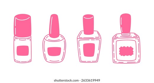 Hand-drawn nail polish bottles vector set in pink style. Sketch-style cosmetics illustration on white background.