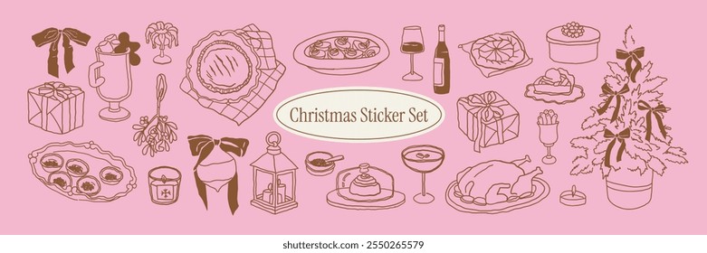 Hand-drawn naive doodle Christmas graphics of festive food, drinks, hot chocolate with gingerbread man, desserts, appetizers, Christmas tree with bows. Vector line art chalk cliparts in sketch style